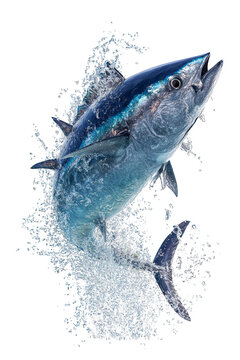A large blue fish is leaping out of the water