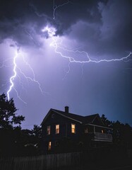 Dramatic Lightning Strikes Above a Dark House During a Powerful Stormy Night