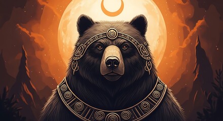 Majestic Bear Shaman with Ornate Headdress and Lunar Symbol.