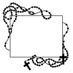Rosary Beads with Crosses Forming a Frame on a White Background.


