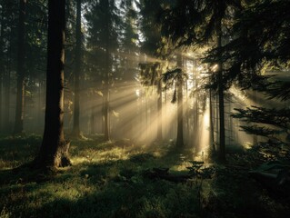 Obraz premium Golden sunbeams illuminate a misty forest at dawn, creating a magical atmosphere