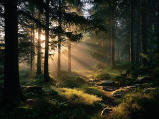 Obraz premium Golden sunbeams illuminate a misty path through a tranquil forest at dawn, creating a magical atmosphere