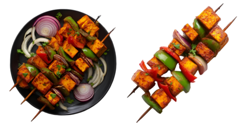Delicious vegetable skewers featuring vibrant and colorful bell peppers, onions, and marinated paneer, perfect for grilling and summer barbecues.