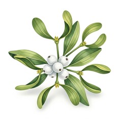 Watercolor Mistletoe Illustration with Berries and Green Leaves on White Background