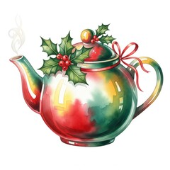 Watercolor Christmas Teapot with Holly Berries and Red Ribbon on White