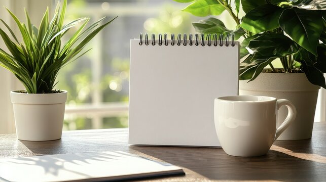 Blank notepad with coffee cup and plant on table in morning sunlight