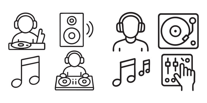 8 black and white linear icons (silhouettes) in a minimalist style related to music, audio, and DJ tools