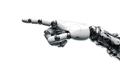 Futuristic robotic hand with intricate design, pointing forward. Symbolizes innovation, automation, and the advancement of artificial intelligence.