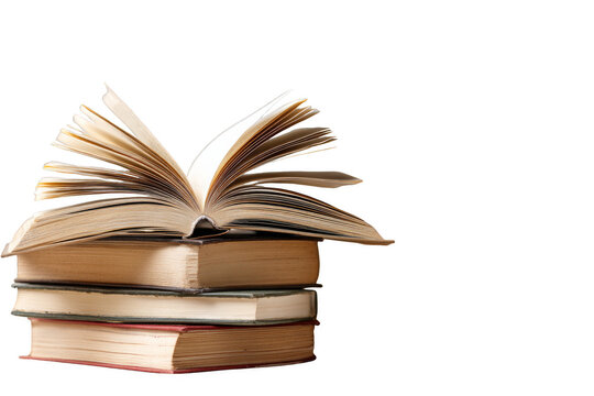 A stack of books with one open to a page with a picture of a book