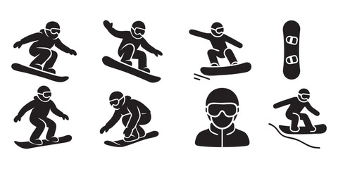 set of vector black snowboarder icons