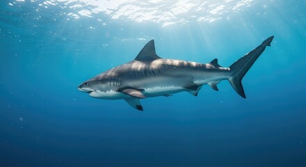 Fototapeta premium Majestic tiger shark glides through sunlit ocean depths, a powerful predator in its natural, vibrant blue habitat, inspiring awe and wonder.