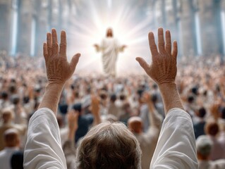 An older man raises hands in worship toward a glowing Jesus figure, surrounded by a large congregation in awe and prayer.