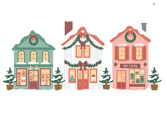 Christmas Scenery Illustration &ndash; Snowy Town Street with Festive Cafe, Holiday Shop, Winter Decor, Lights, Gifts, Seasonal Urban Vector for Greeting Cards, Posters, Web, and Creative Design