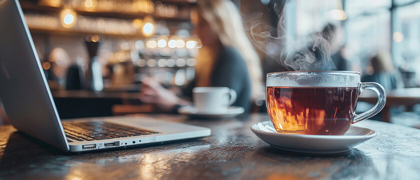 Steaming teacup, laptop, and blurred cafe background