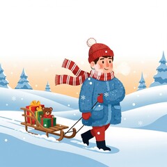 Winter Boy in Blue Coat Pulling Sled with Gifts Through Snowy Landscape