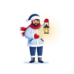 Pixelated Man Holding Glowing Lantern in Winter Attire on White Background