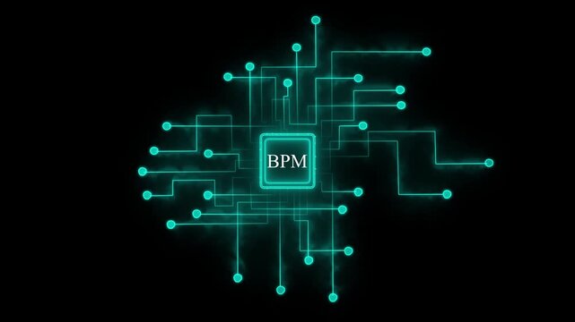 Glowing Cyan Circuit Board with the acronym BPM in the center on a black background technology computer chip