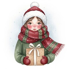 Watercolor Portrait of Girl with Striped Scarf and Gift Box in Winter