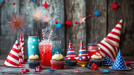 Festive cupcakes and drinks for the 4th of july celebration on wooden surface