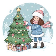 Young Girl Decorating Christmas Tree with Ornaments and Gifts in Snowy Winter Landscape