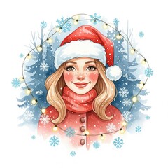 Watercolor Portrait of Smiling Woman in Red Santa Hat and Scarf with Forest Background