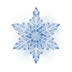 Detailed Blue Snowflake Illustration on White Background in Watercolor Style