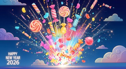 Colorful Candy Explosion Celebrating New Year 2026 Festivities