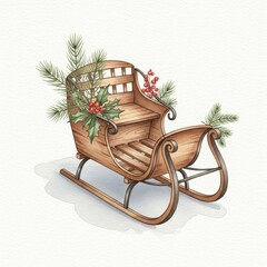 Rustic Wooden Sleigh with Greenery and Red Berries on Textured White Background