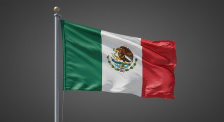 Waving flag of mexico on a metal pole. The flag has three vertical bands of green, white, and red with the national coat of arms centered on the white band.