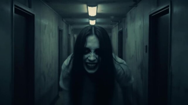 Terrifying Demonic Woman with Long Hair Crawls Aggressively Down a Dark, Spooky Asylum Hallway.