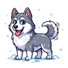 Happy Husky Cartoon Character in Winter Scene with Snowflakes on White Background