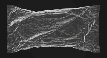 Realistic plastic wrap texture on a black background, transparent and crumpled