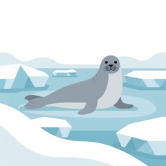 Cute Gray Seal Resting on Ice Floe in Arctic Ocean Illustration