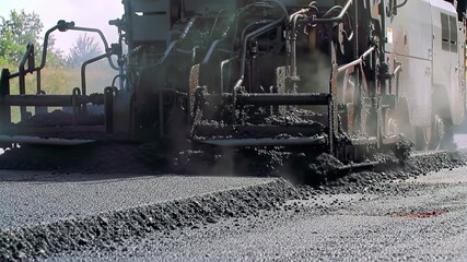 Paving machine laying new asphalt on a road surface, construction