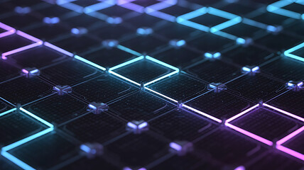 Abstract digital network grid with glowing neon blue and purple geometric shapes and nodes