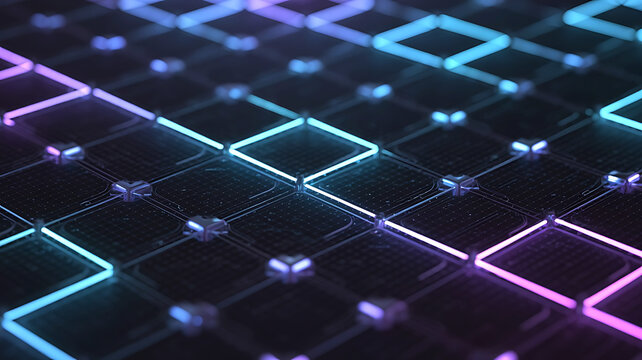 Abstract digital network grid with glowing neon blue and purple geometric shapes and nodes