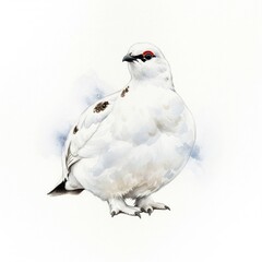 Watercolor Ptarmigan Illustration Detailed White Bird with Black Tail on Isolated Plain Background