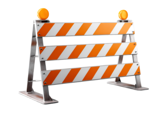 An orange and white construction barrier with warning lights, commonly used to block roads and ensure safety during road work and construction projects.