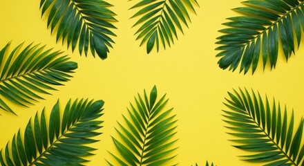 Tropical palm leaves pattern on a vibrant yellow background, with copy space for text.