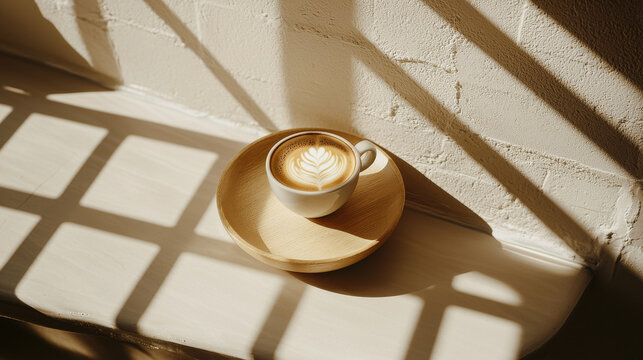 Sunlit latte art in a white cup, resting on a wooden tray