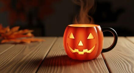 Steaming Halloween Pumpkin Mug on Wooden Table with Autumn Leaves
