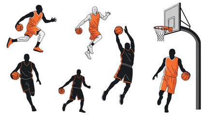Basketball and Basketball Player Vector Silhouette Illustration Set AI EPS PNG
