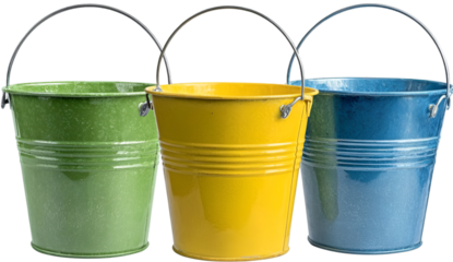 Three colorful buckets in green, yellow, and blue are lined up, ideal for gardening or storage. Perfect for enhancing any outdoor or home project.