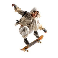 A woman is doing a trick on a skateboard