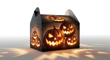 Spooky Halloween Lantern with Glowing Jack O Lanterns Against White Background