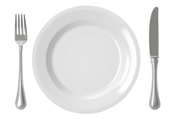 An elegant white plate set with a fork and knife, ideal for showcasing culinary presentations or restaurant themes. Perfect for food-related visuals.