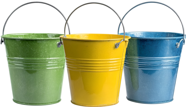 Three colorful buckets in green, yellow, and blue are lined up, ideal for gardening or storage. Perfect for enhancing any outdoor or home project.