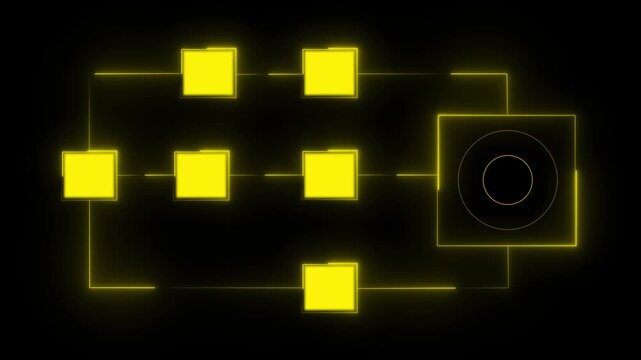 Yellow Abstract Flowchart Diagram with Neon Glow and Target Symbol on Black Background algorithm analysis