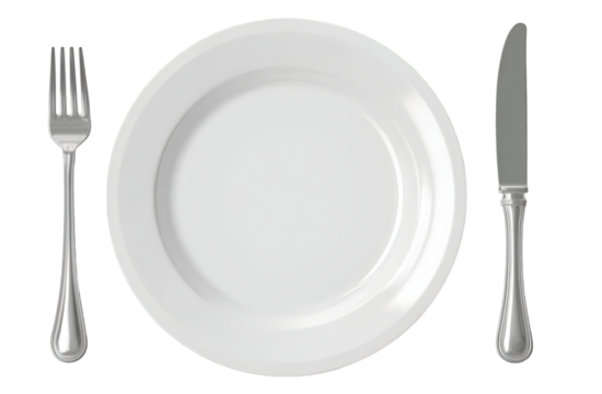 An elegant white plate set with a fork and knife, ideal for showcasing culinary presentations or restaurant themes. Perfect for food-related visuals.
