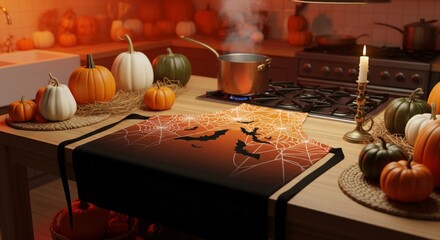 Warm Kitchen Scene with Pumpkins Apron and Candlelight Glow Halloween Decorations